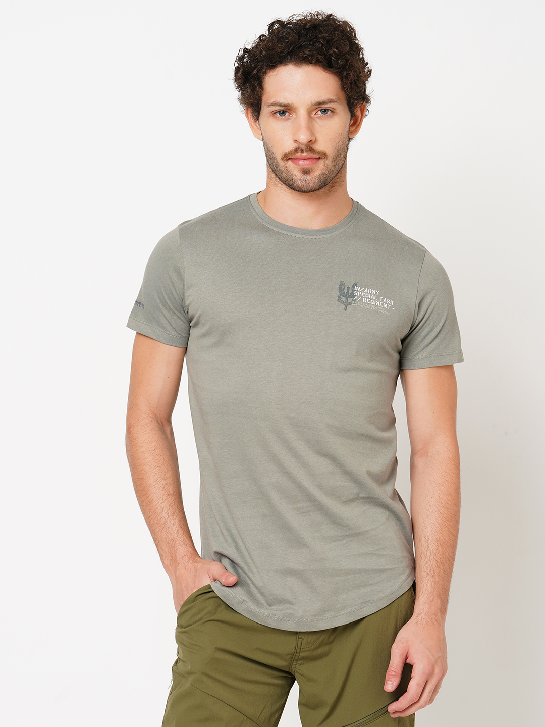 GREENISH GREY HALF SLEEVE ROUND NECK TEE (R NECK H/SLV SLIM)