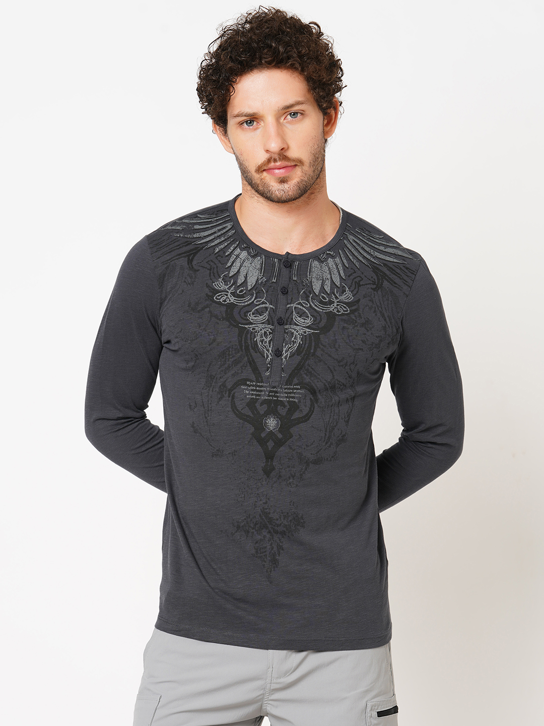 DK GREY FULL SLEEVE HENLEY NECK TEE (HENLEY NECK F/SLV SLIM)