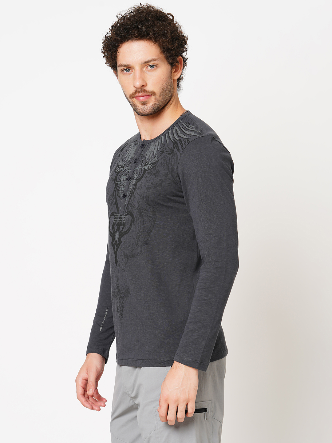 DK GREY FULL SLEEVE HENLEY NECK TEE (HENLEY NECK F/SLV SLIM)