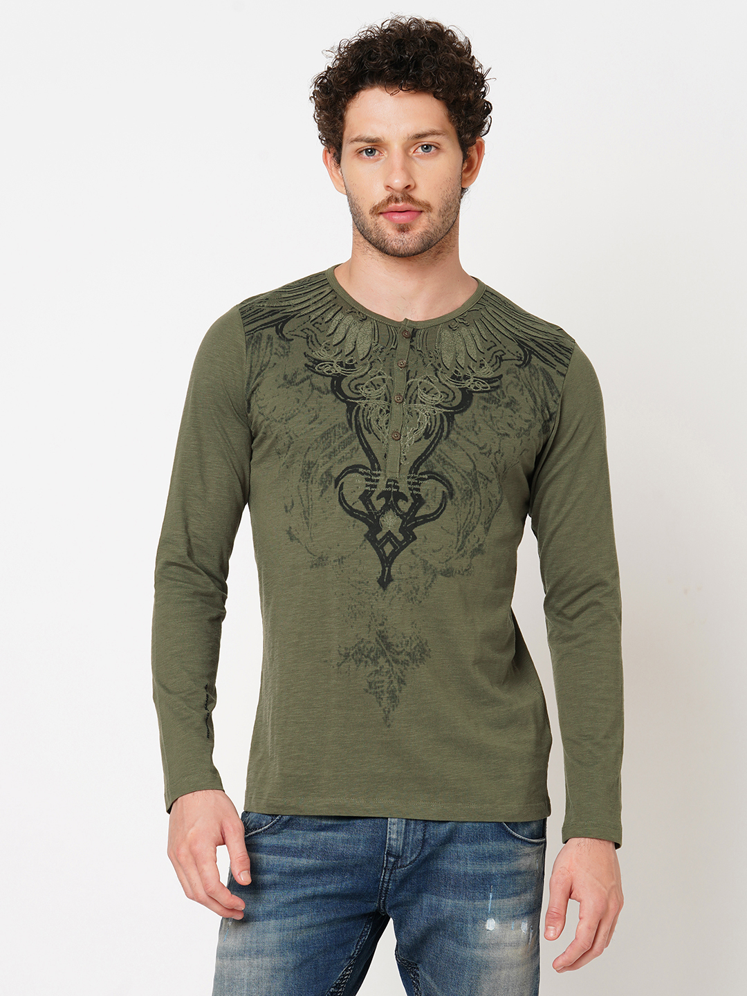 LT OLIVE FULL SLEEVE HENLEY NECK TEE (HENLEY NECK F/SLV SLIM)