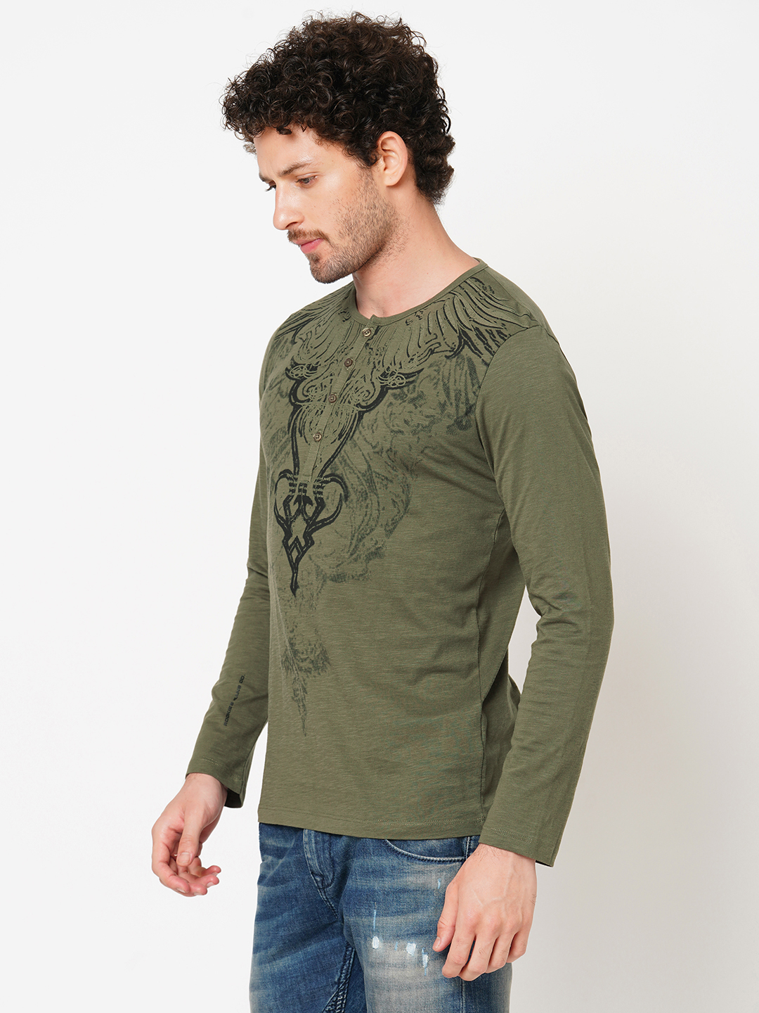 LT OLIVE FULL SLEEVE HENLEY NECK TEE (HENLEY NECK F/SLV SLIM)