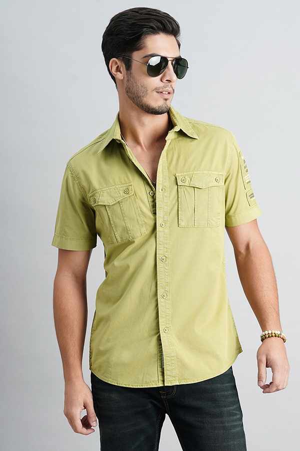 OLIVE HALF SLEEVE SOLID SHIRT (LEO H/SLV FIT)