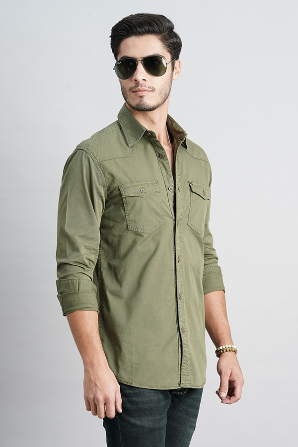 MILITARY GREEN FULL SLEEVE SOLID SHIRT (LEO F/SLV FIT)