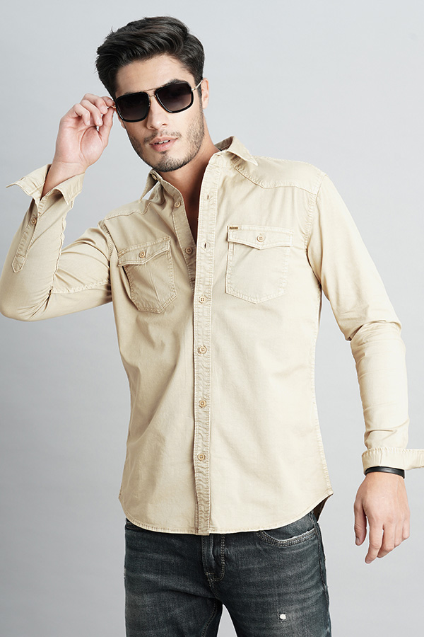 BEIGE FULL SLEEVE SOLID SHIRT (LEO F/SLV FIT)