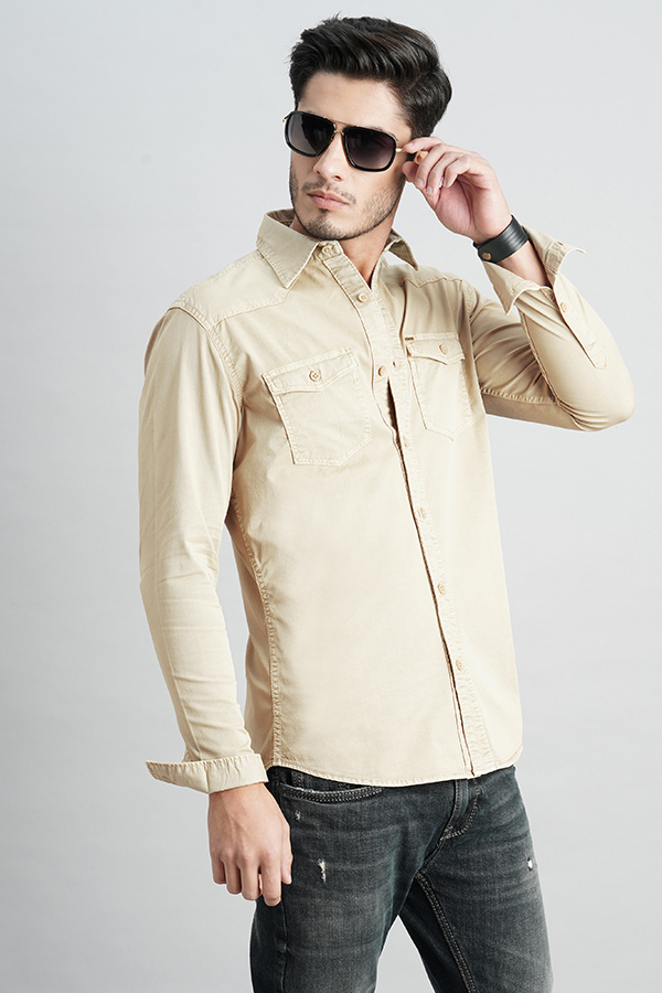 BEIGE FULL SLEEVE SOLID SHIRT (LEO F/SLV FIT)