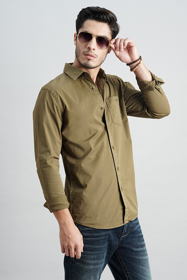 OLIVE FULL SLEEVE SOLID SHIRT (LEO F/SLV FIT)