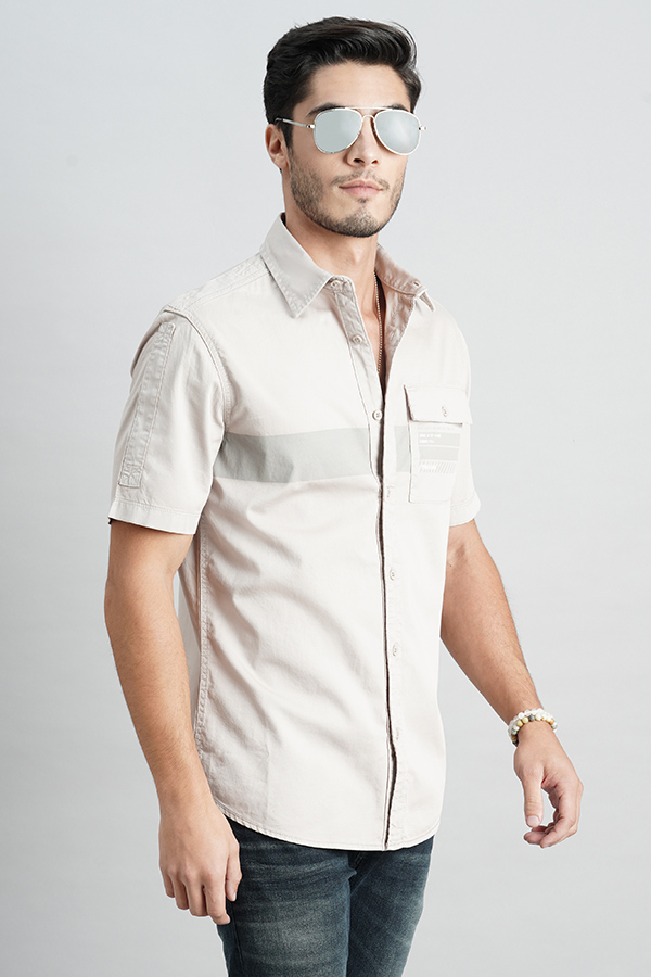 LT SAND HALF SLEEVE SOLID SHIRT (LEO H/SLV FIT)