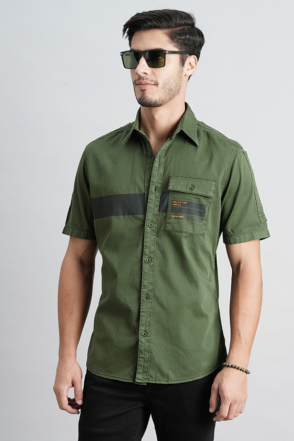 MILITARY GREEN HALF SLEEVE SOLID SHIRT (LEO H/SLV FIT)