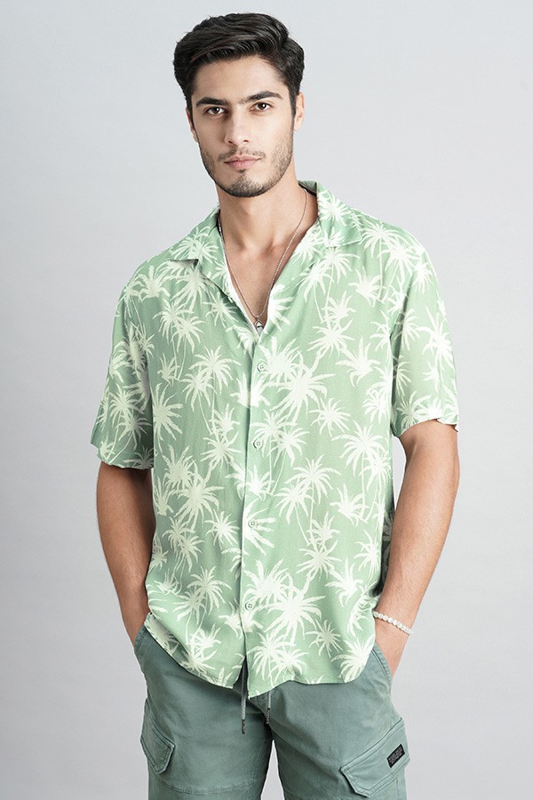 LT GREEN HALF SLEEVE PRINTED SHIRT (DECAPARIO H/SLV FIT)