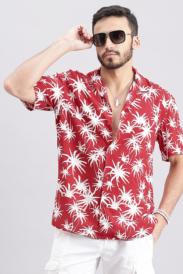 RED HALF SLEEVE PRINTED SHIRT (DECAPARIO H/SLV FIT)