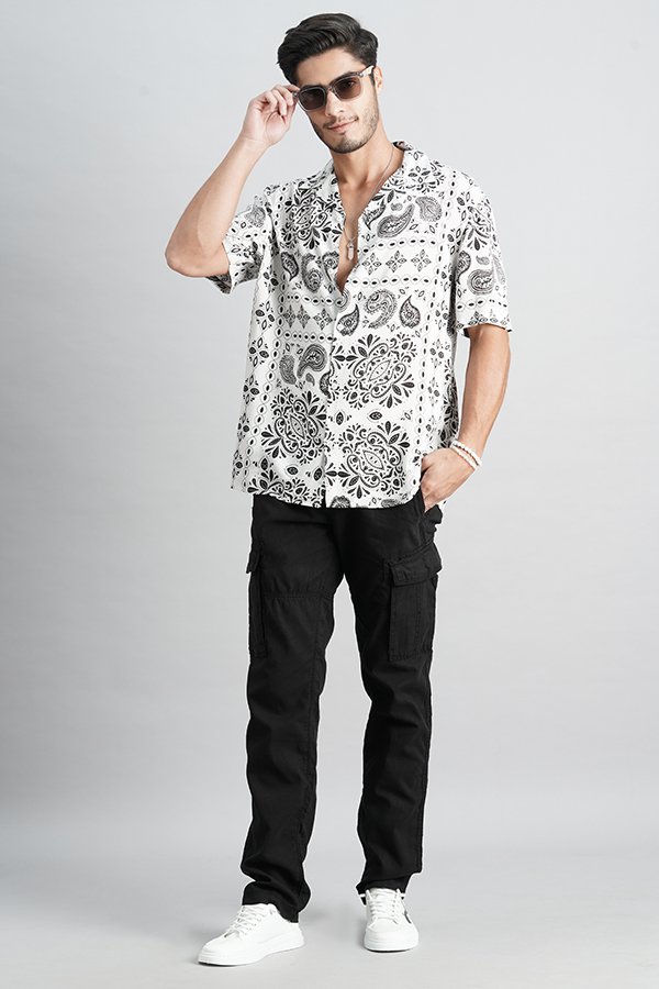 WHITE HALF SLEEVE PRINTED SHIRT (DECAPARIO H/SLV FIT)