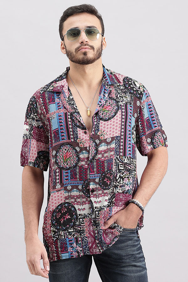 PINK HALF SLEEVE PRINTED SHIRT (DECAPARIO H/SLV FIT)