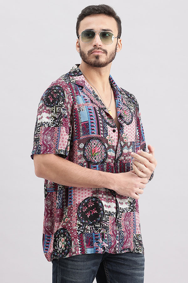 PINK HALF SLEEVE PRINTED SHIRT (DECAPARIO H/SLV FIT)