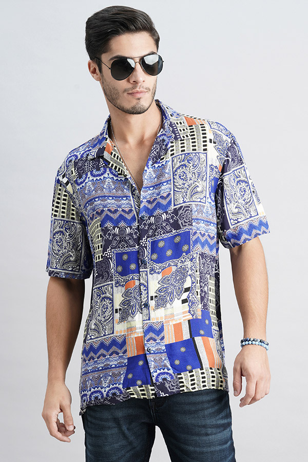 ROYAL BLUE HALF SLEEVE PRINTED SHIRT (DECAPARIO H/SLV FIT)