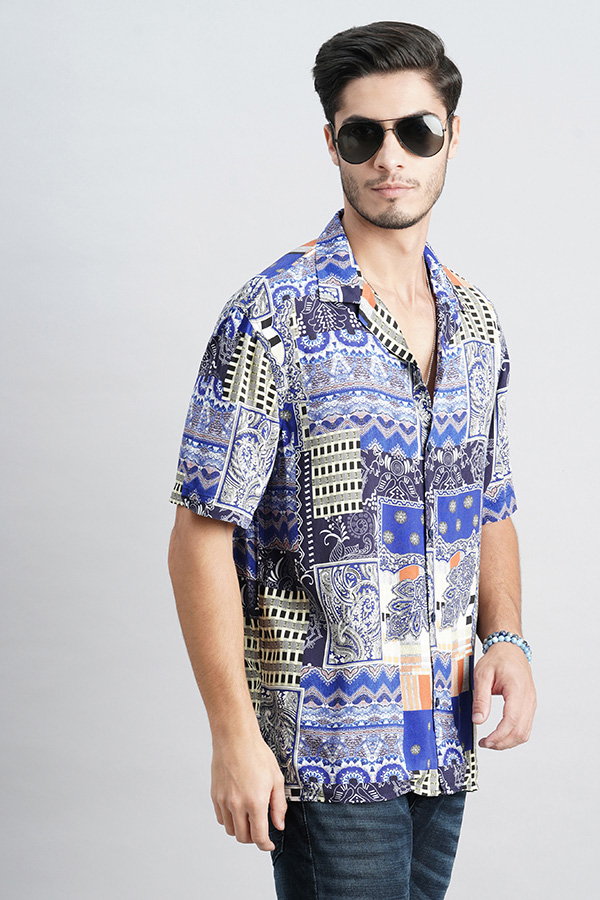 ROYAL BLUE HALF SLEEVE PRINTED SHIRT (DECAPARIO H/SLV FIT)