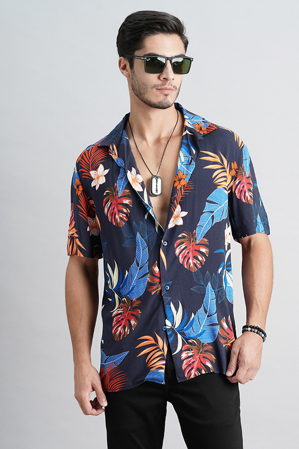 NAVY HALF SLEEVE PRINTED SHIRT (DECAPARIO H/SLV FIT)