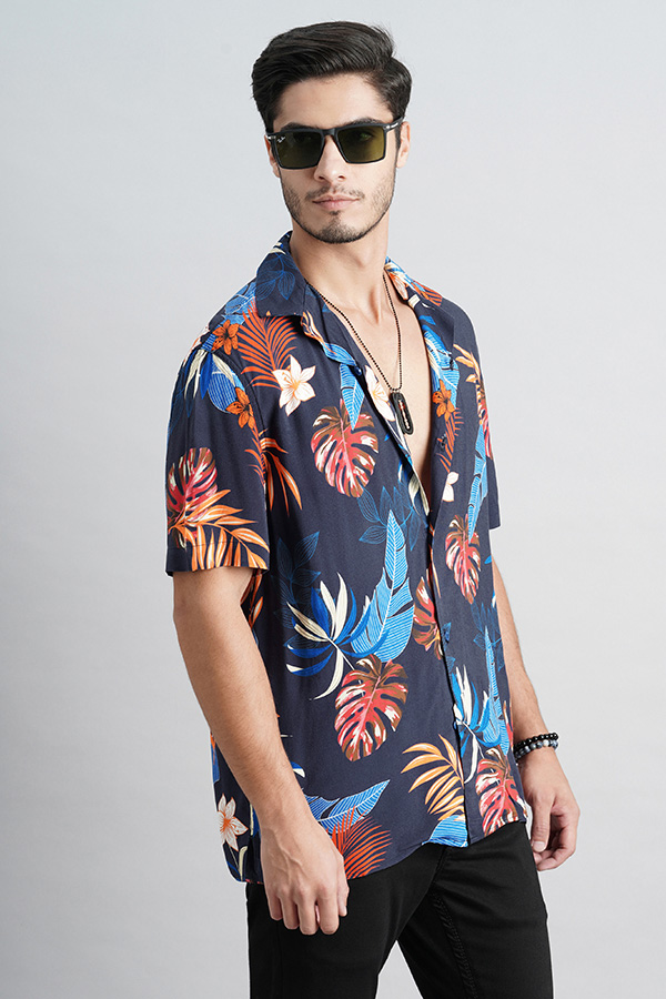 NAVY HALF SLEEVE PRINTED SHIRT (DECAPARIO H/SLV FIT)