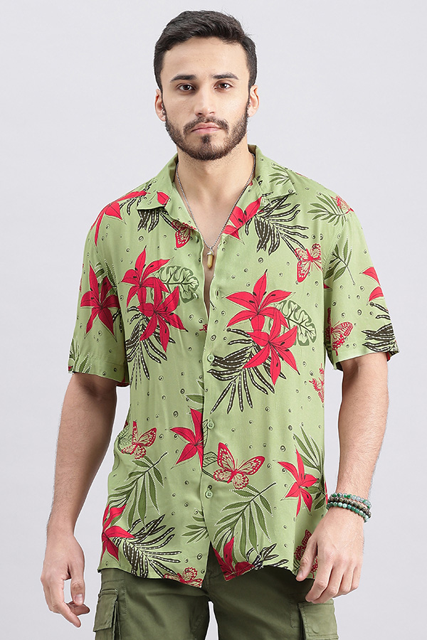 GREEN HALF SLEEVE PRINTED SHIRT (DECAPARIO H/SLV FIT)