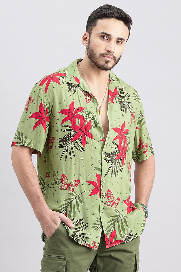 GREEN HALF SLEEVE PRINTED SHIRT (DECAPARIO H/SLV FIT)