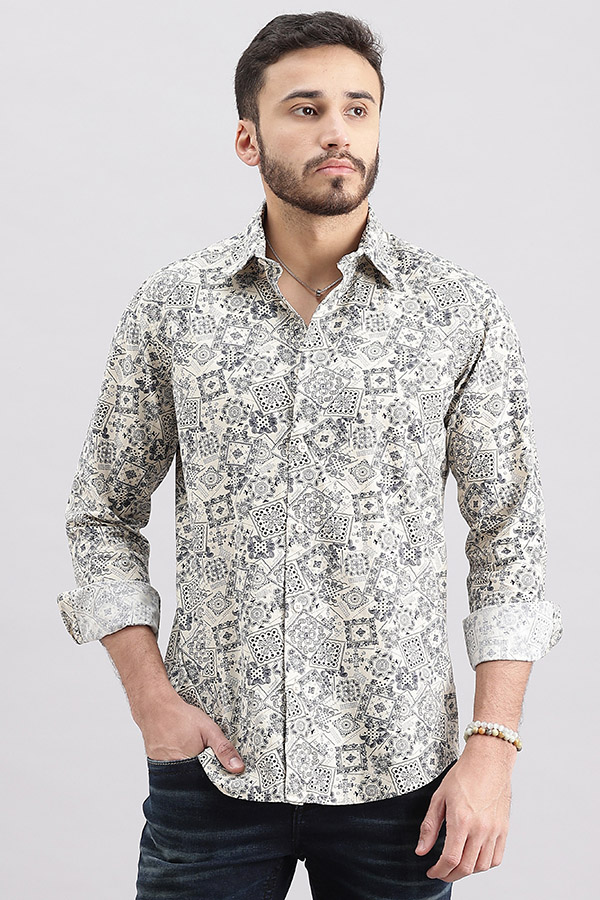 BEIGE FULL SLEEVE PRINTED SHIRT (ZACK F/SLV FIT)