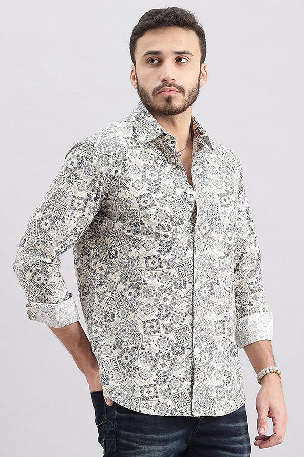 BEIGE FULL SLEEVE PRINTED SHIRT (ZACK F/SLV FIT)