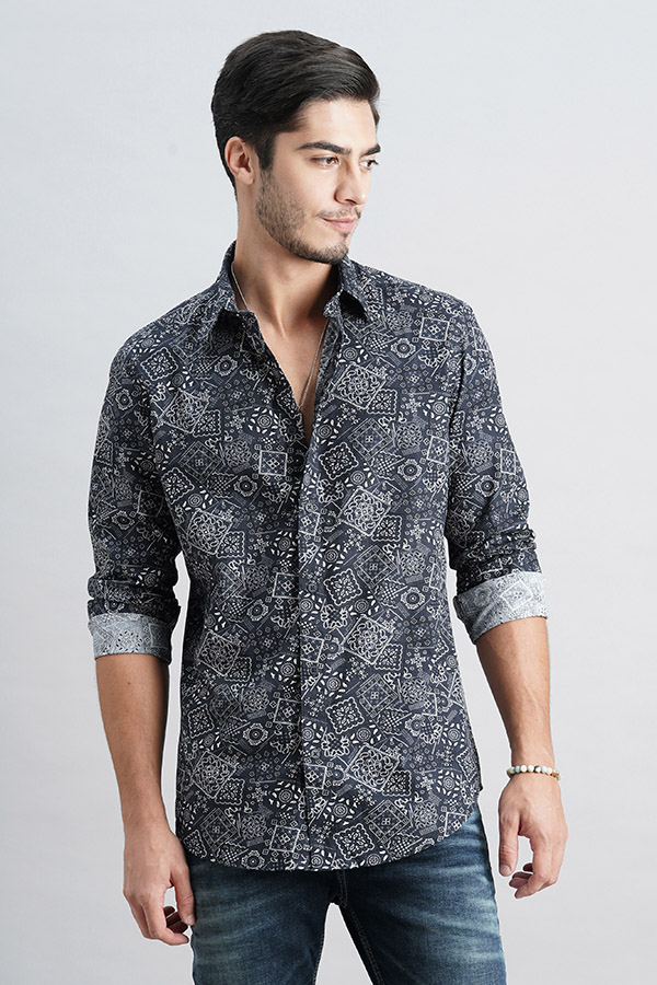 NAVY FULL SLEEVE PRINTED SHIRT (ZACK F/SLV FIT)