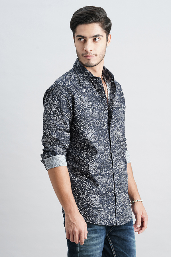 NAVY FULL SLEEVE PRINTED SHIRT (ZACK F/SLV FIT)