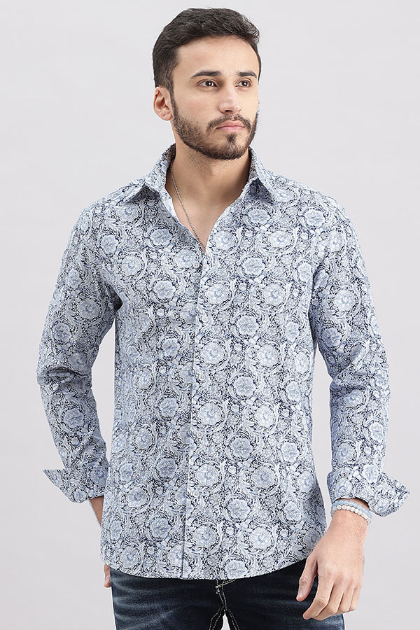 BLUE FULL SLEEVE PRINTED SHIRT (ZACK F/SLV FIT)