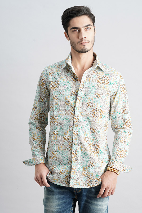 WHITE YELLOW FULL SLEEVE PRINTED SHIRT (ZACK F/SLV FIT)