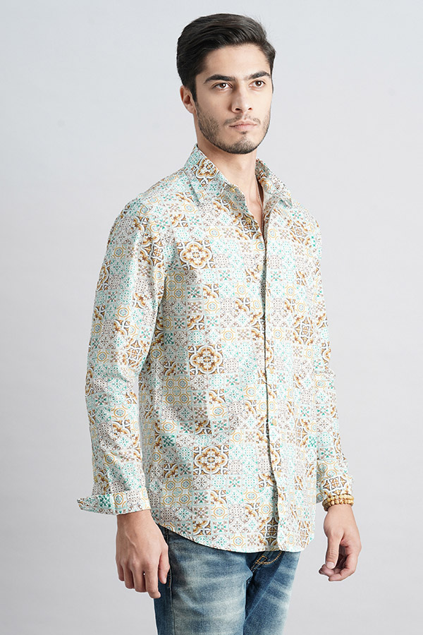 WHITE YELLOW FULL SLEEVE PRINTED SHIRT (ZACK F/SLV FIT)