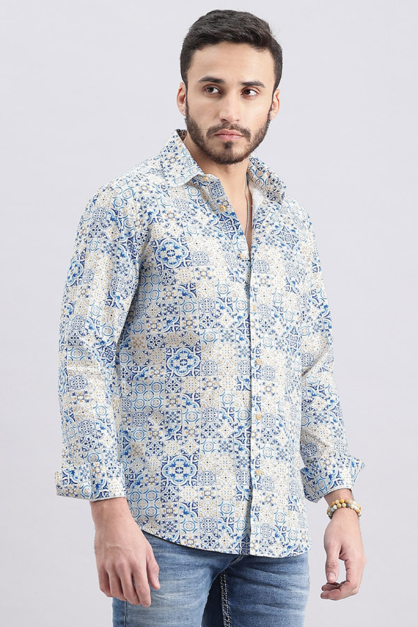 WHITE BLUE FULL SLEEVE PRINTED SHIRT (ZACK F/SLV FIT)