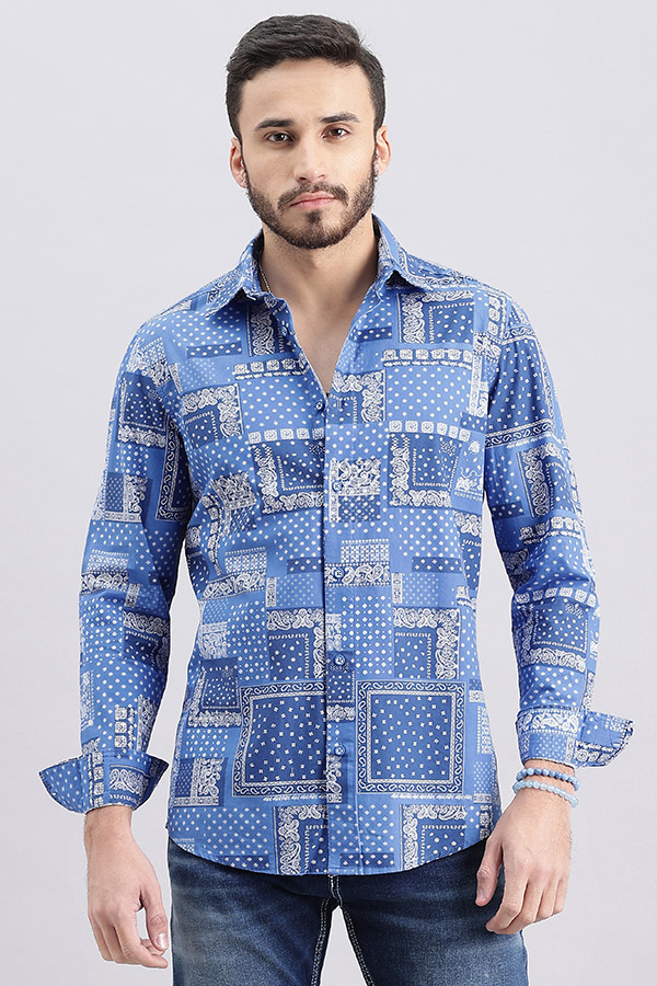 BLUE FULL SLEEVE PRINTED SHIRT (ZACK F/SLV FIT)