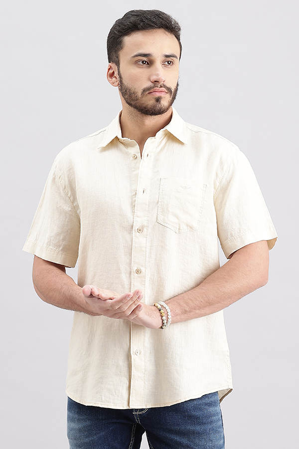 BEIGE HALF SLEEVE LINEN SHIRT (ZACK H/SLV FIT)