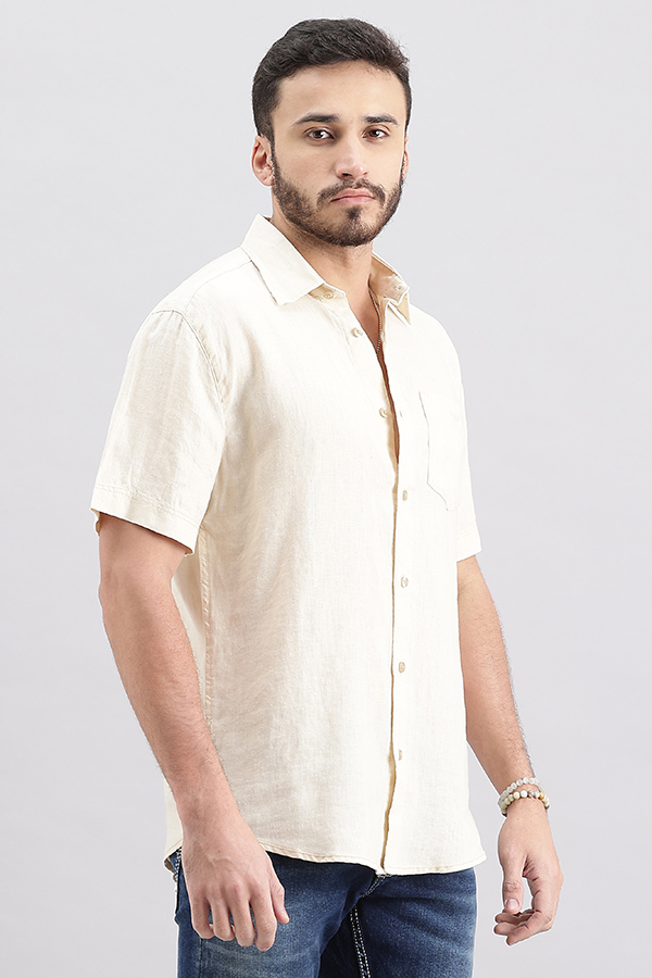 BEIGE HALF SLEEVE LINEN SHIRT (ZACK H/SLV FIT)