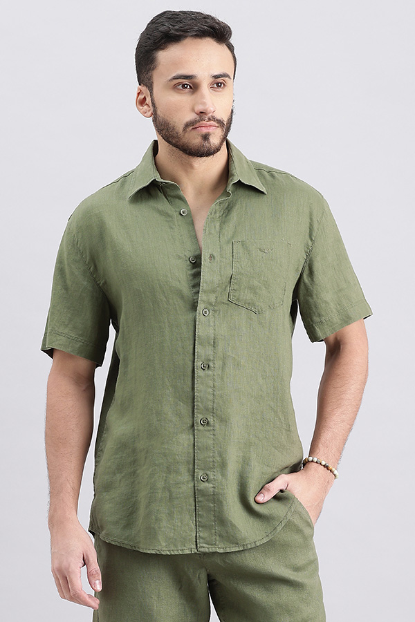 OLIVE HALF SLEEVE LINEN SHIRT (ZACK H/SLV FIT)