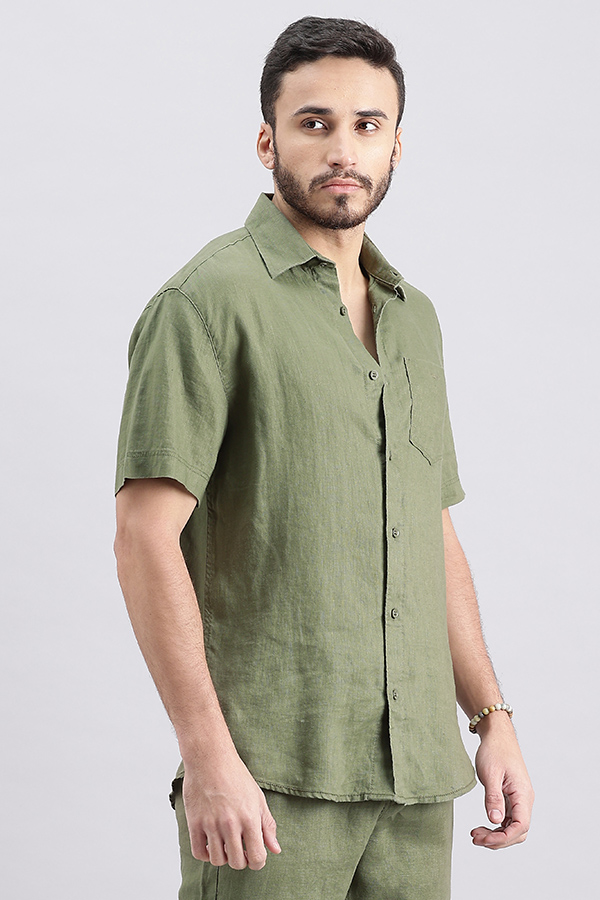 OLIVE HALF SLEEVE LINEN SHIRT (ZACK H/SLV FIT)