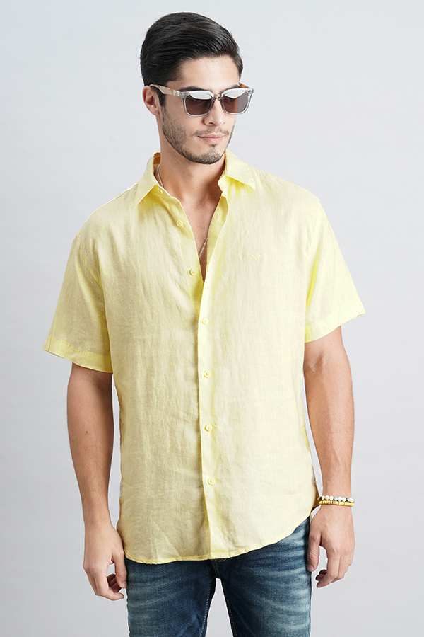 DULL YELLOW HALF SLEEVE LINEN SHIRT (ZACK H/SLV FIT)