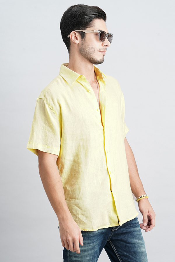 DULL YELLOW HALF SLEEVE LINEN SHIRT (ZACK H/SLV FIT)