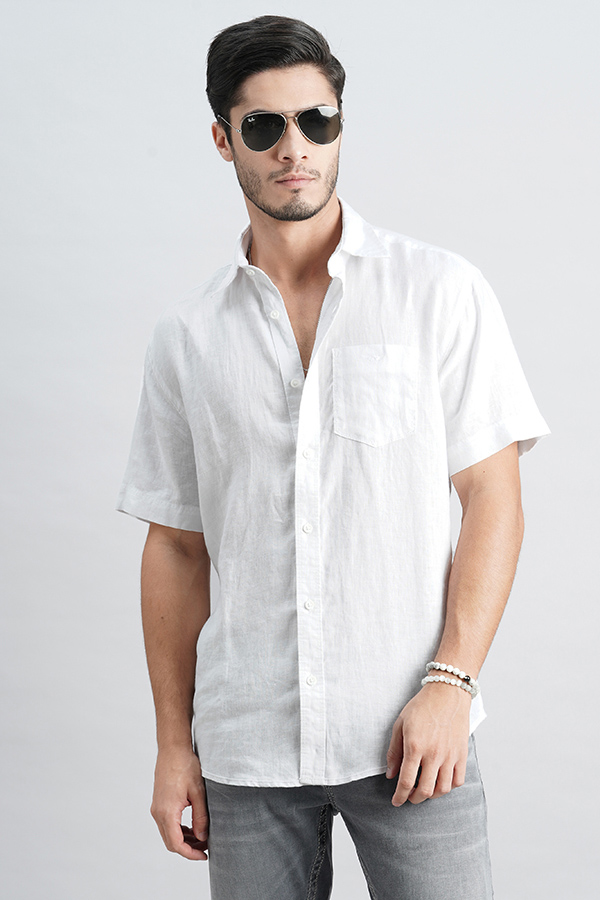 WHITE HALF SLEEVE LINEN SHIRT (ZACK H/SLV FIT)