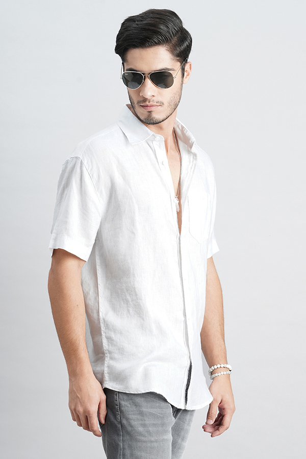 WHITE HALF SLEEVE LINEN SHIRT (ZACK H/SLV FIT)