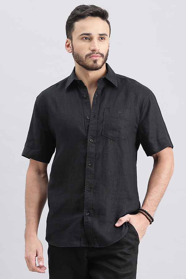 BLACK HALF SLEEVE LINEN SHIRT (ZACK H/SLV FIT)