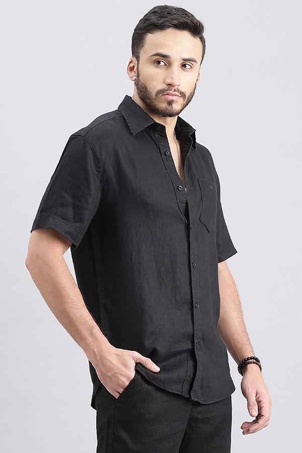 BLACK HALF SLEEVE LINEN SHIRT (ZACK H/SLV FIT)