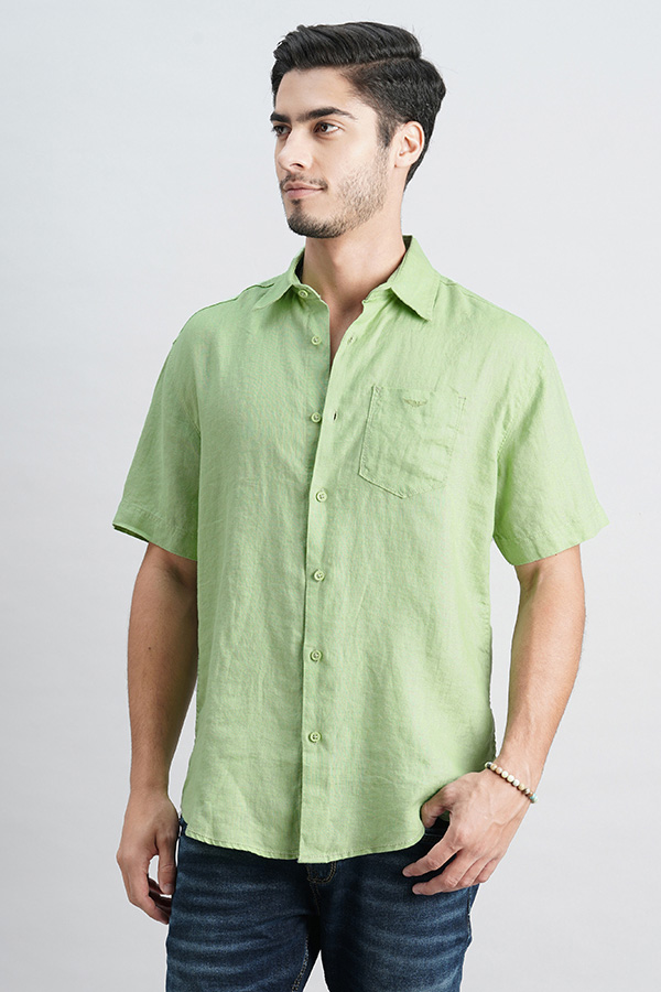 LT GREEN HALF SLEEVE LINEN SHIRT (ZACK H/SLV FIT)