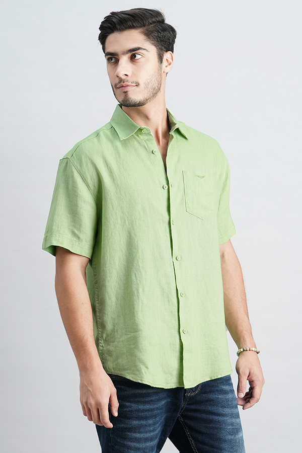 LT GREEN HALF SLEEVE LINEN SHIRT (ZACK H/SLV FIT)