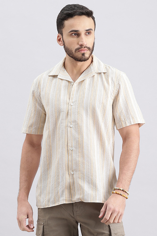 ORANGE OFF WITE HALF SLEEVE STRIPE SHIRT (TONY H/SLV FIT)