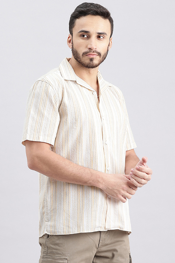 ORANGE OFF WITE HALF SLEEVE STRIPE SHIRT (TONY H/SLV FIT)