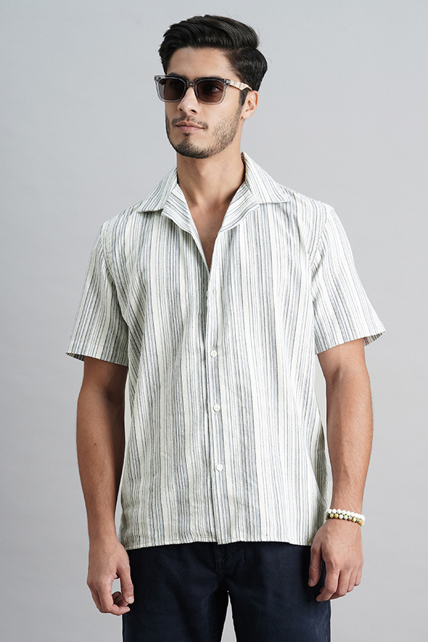 NAVY OFF WITE HALF SLEEVE STRIPE SHIRT (TONY H/SLV FIT)