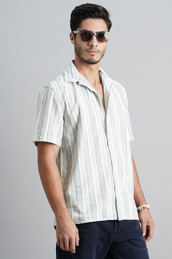 NAVY OFF WITE HALF SLEEVE STRIPE SHIRT (TONY H/SLV FIT)