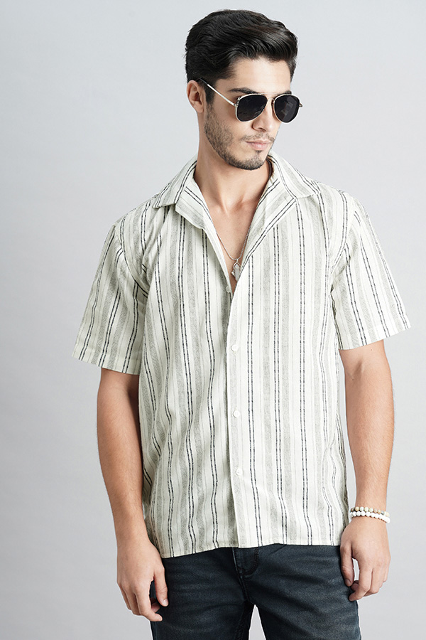 WHITE NAVY HALF SLEEVE STRIPE SHIRT (TONY H/SLV FIT)