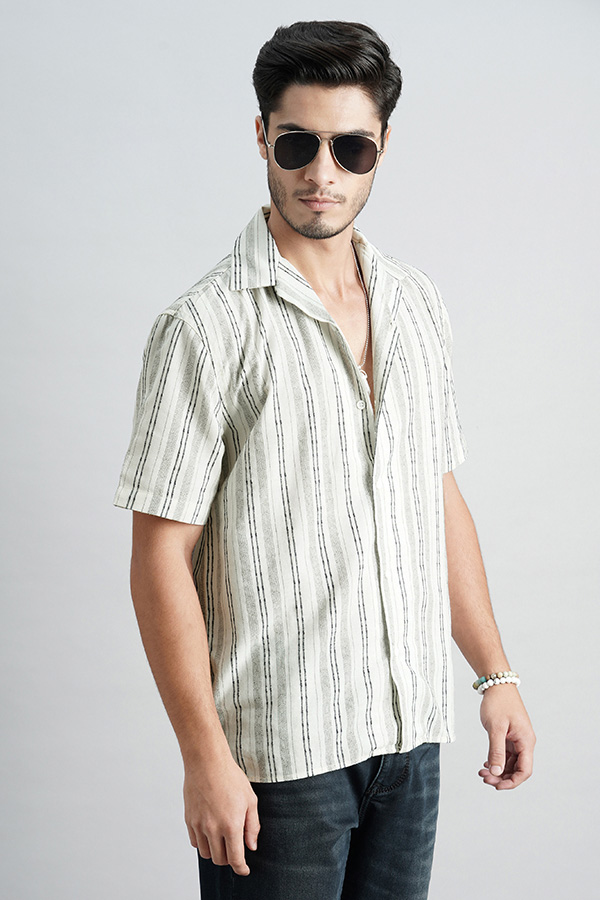 WHITE NAVY HALF SLEEVE STRIPE SHIRT (TONY H/SLV FIT)